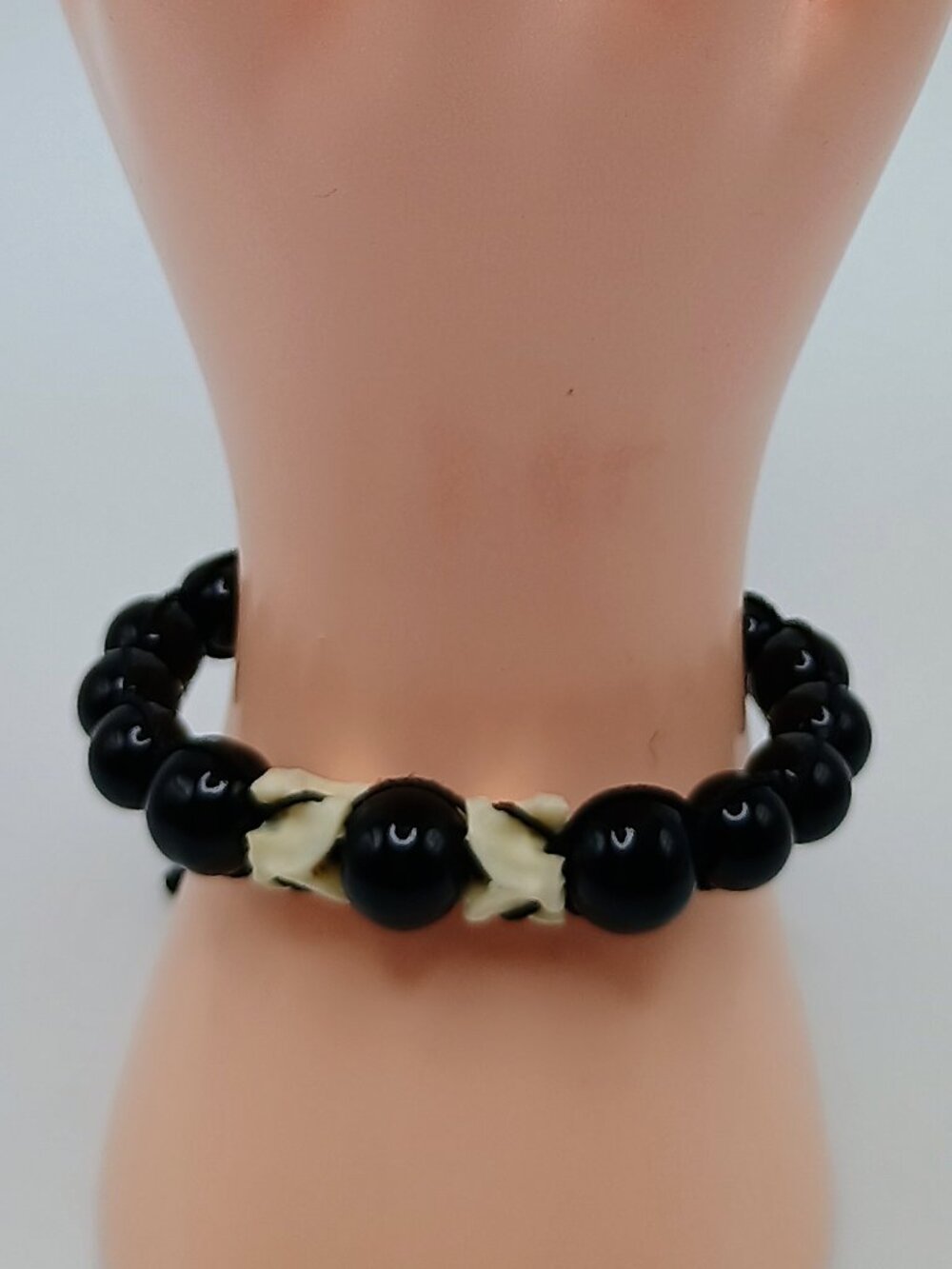 Adjustable Bracelet Black Onyx Carved Bone Beads